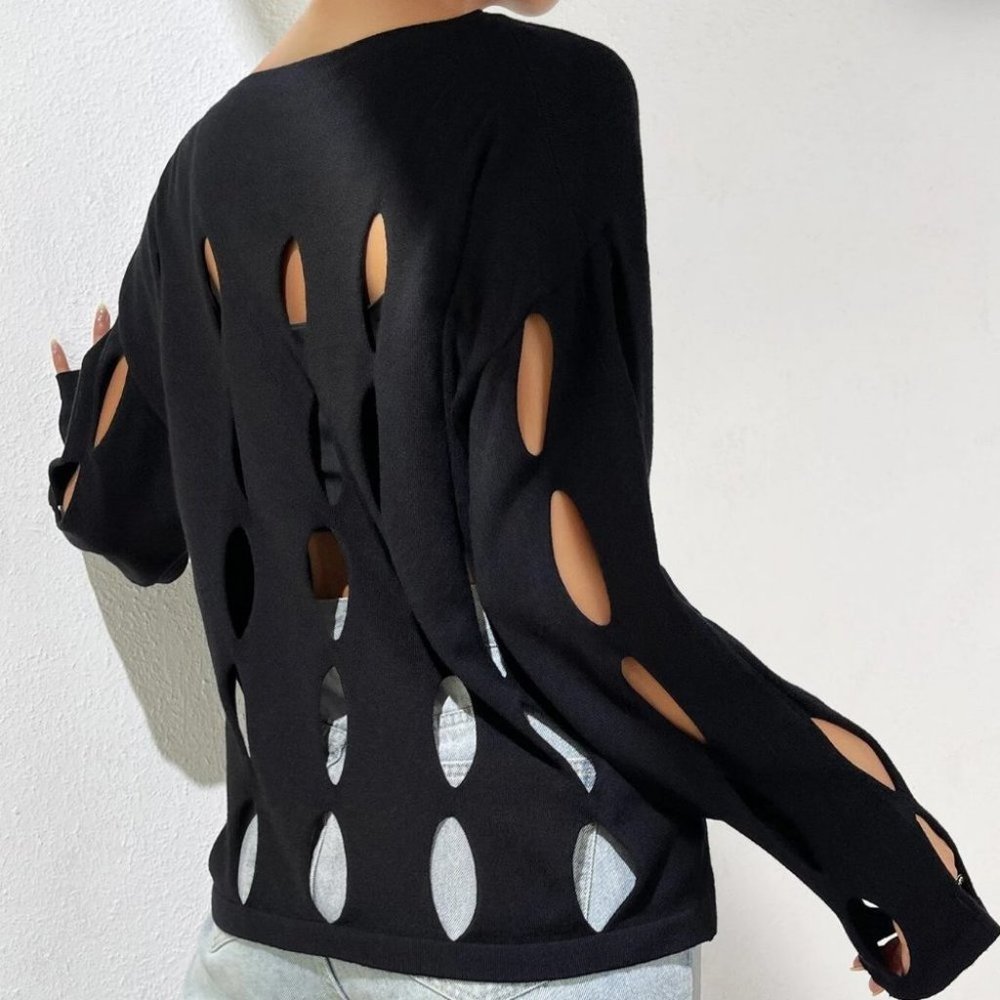 Black Preppy Womens Cut Out Drop Shoulder Sweater - Picture 2 of 5